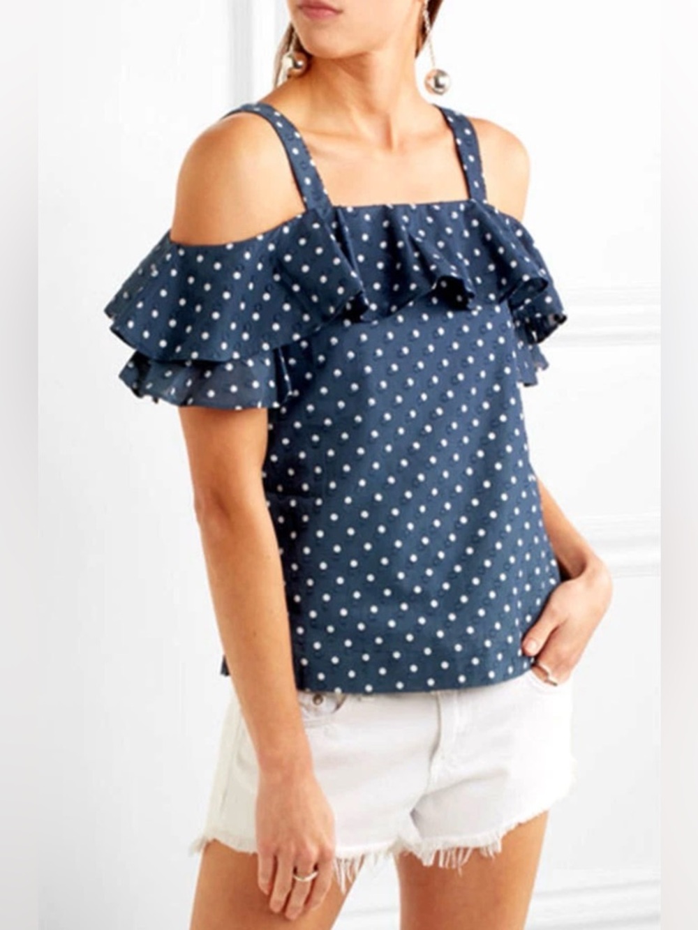 J. Crew Size 2 Navy/White Polka Dot Cold-Shoulder Ruffle Top